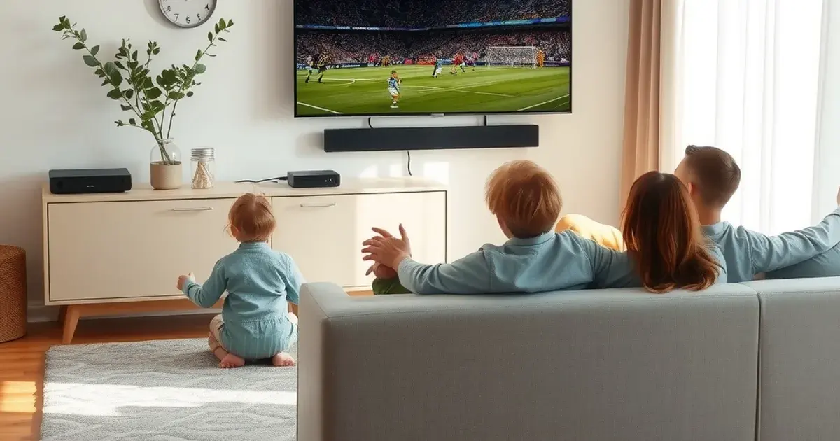 Gezin kijkt overdag ontspannen naar een Eredivisie-wedstrijd in 4K op een grote tv, met een bekabelde streamingbox zichtbaar in een lichte woonkamer