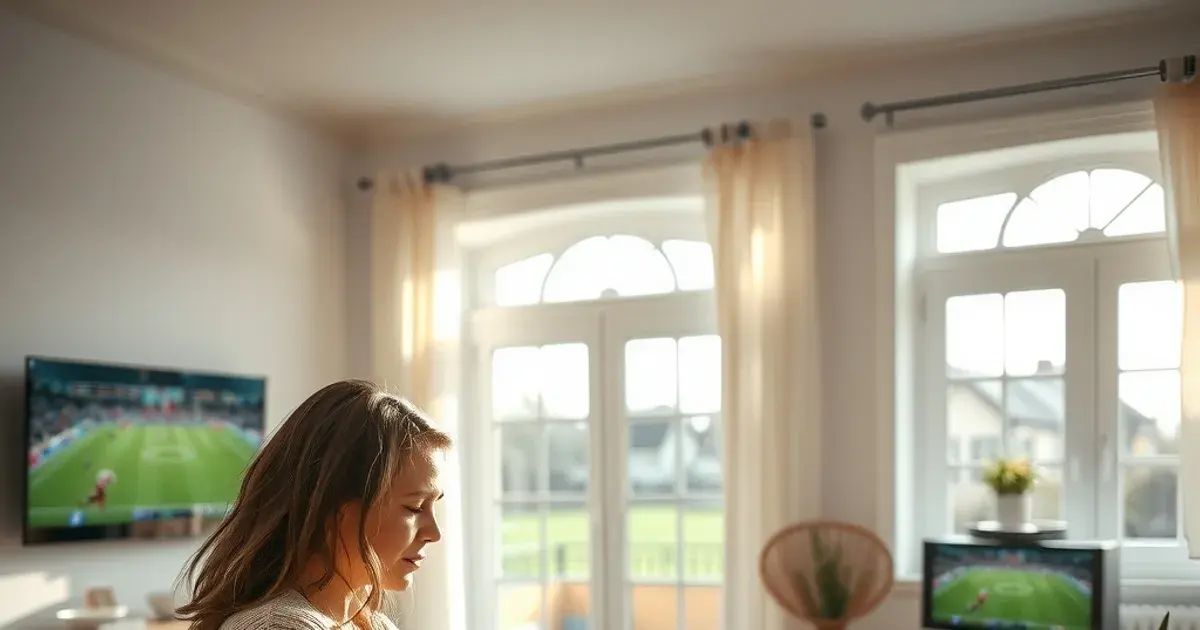 Vrouw leest rustig een brief aan de keukentafel in een zonnig huis, met een voetbalwedstrijd zichtbaar op de tv-achtergrond