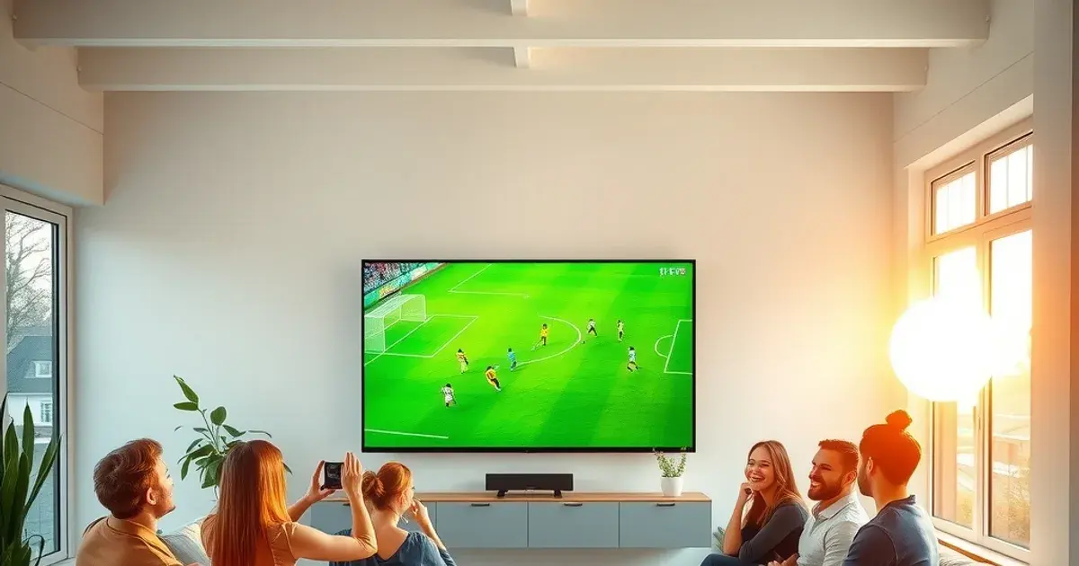 Een groep vrienden kijkt vrolijk naar een Champions League-wedstrijd op een groot tv-scherm in een lichte, zonnige huiskamer