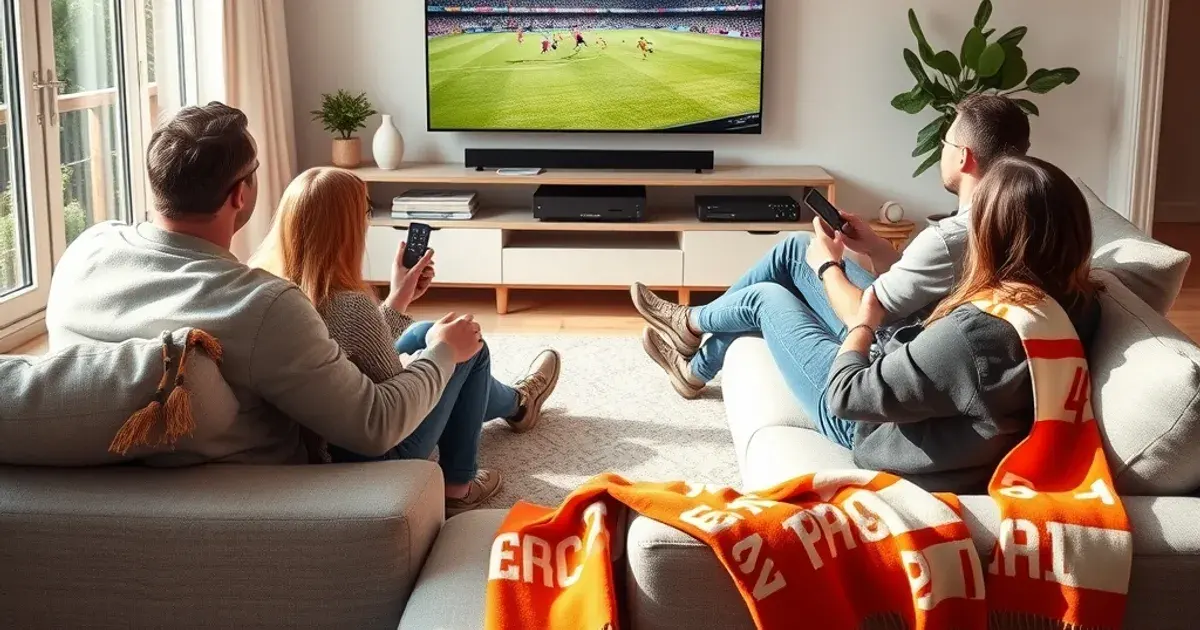 Vrienden kijken ontspannen naar een Eredivisie-wedstrijd op een groot tv-scherm in een lichte woonkamer