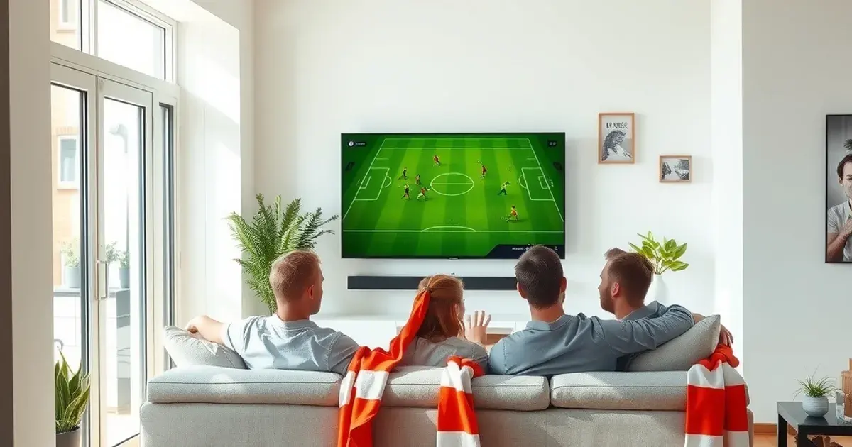 Familie kijkt samen Eredivisie-voetbal op een grote tv in een lichte, moderne woonkamer