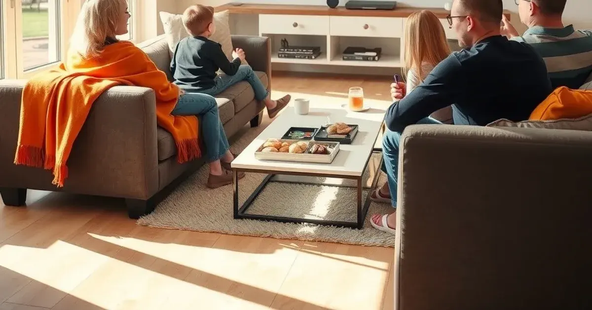 Gezin en vriend kijken samen naar een Eredivisie-wedstrijd in een lichte huiskamer op een zonnige middag