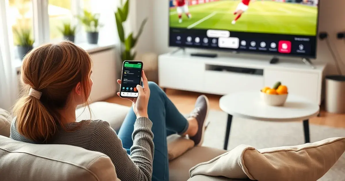 Vrouw bevestigt een betaling op haar telefoon in een lichte woonkamer met voetbal op de achtergrondtelevisie