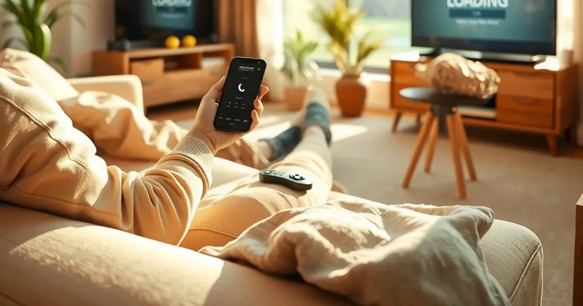 Persoon test op de bank in een lichte woonkamer overdag een IPTV-app op de smartphone, met de televisie op de achtergrond.