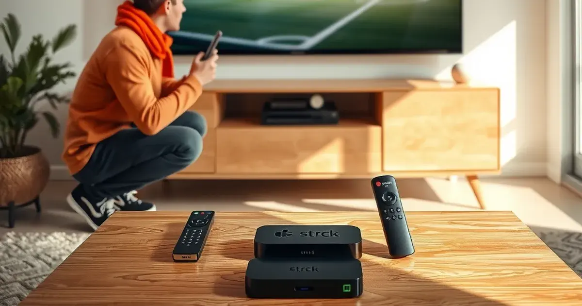 Een man vergelijkt IPTV-streamingapparaten op een salontafel in een lichte woonkamer, met een voetbalwedstrijd op de achtergrondtelevisie
