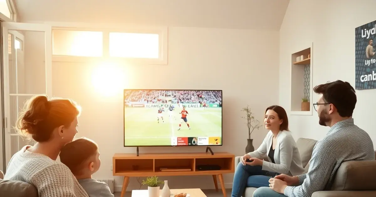 Nederlands gezin richt op de bank de IPTV-app in op de smart-tv, met een voetbalwedstrijd op pauze op het scherm in een lichte woonkamer.