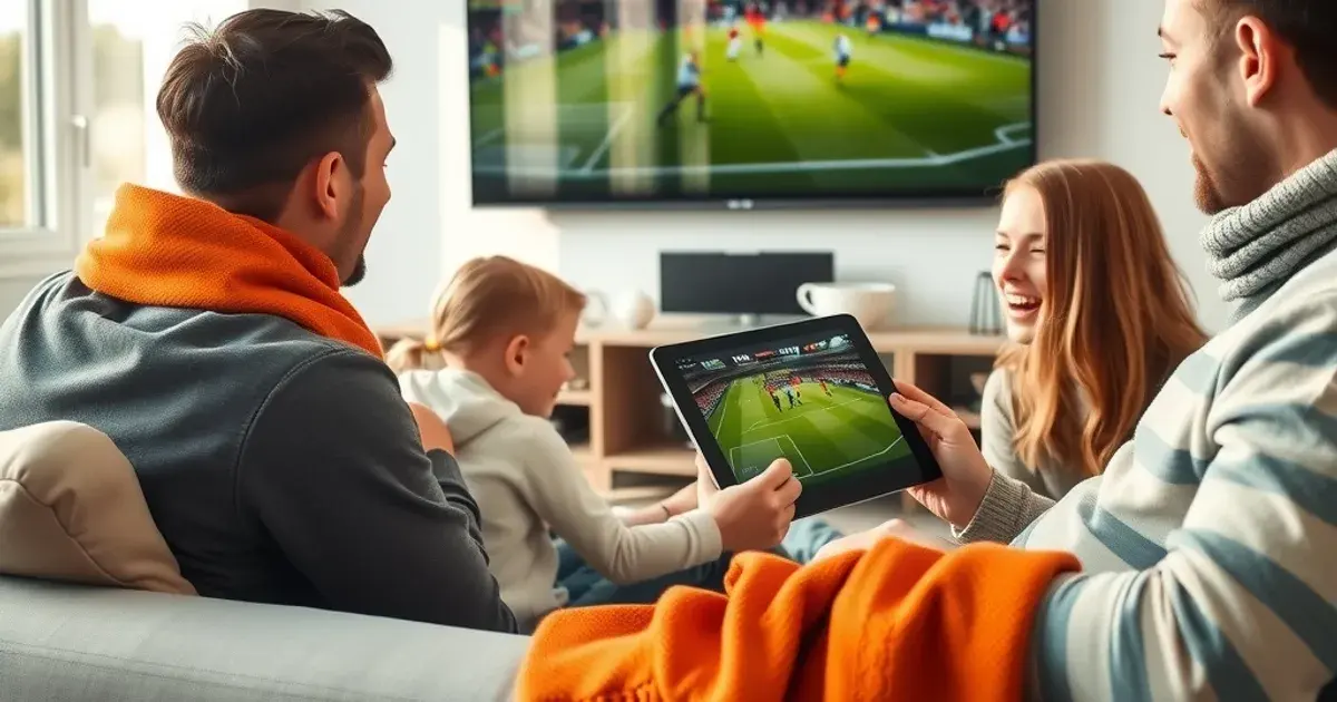 Nederlands gezin kijkt samen een Eredivisie-wedstrijd op tv en tablet in een lichte woonkamer