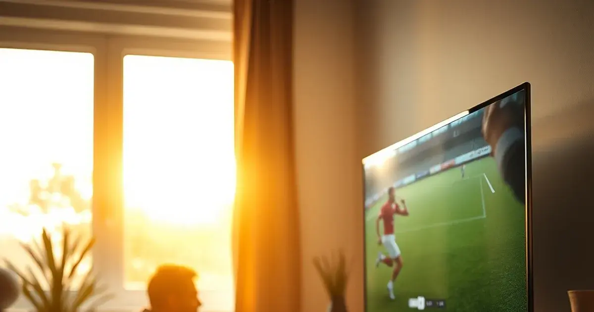 Iemand stelt thuis in de woonkamer de router in terwijl op de achtergrond een voetbalwedstrijd op de tv staat