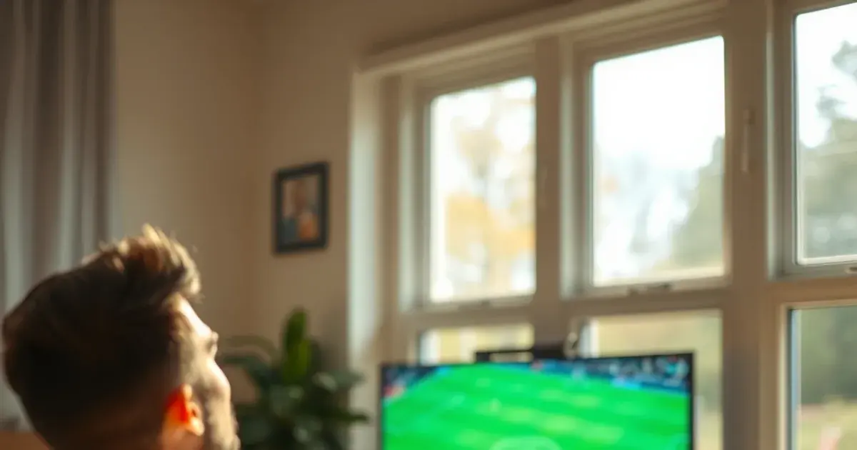 Persoon met laptop op schoot kijkt op naar een tv met een voetbalveld, in een lichte huiskamer overdag