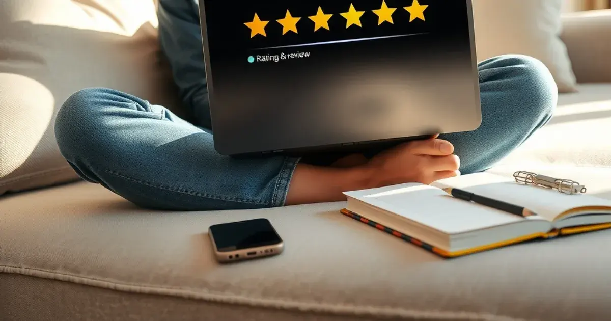 Persoon zit op de bank in een lichte woonkamer en bekijkt aandachtig sterrenbeoordelingen en reviews op een laptop, met een notitieblok ernaast.