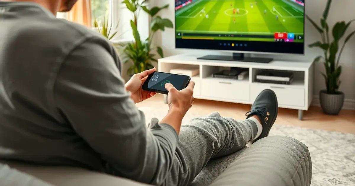 Persoon zet in een lichte woonkamer voor het eerst een IPTV-ontvanger op de tv aan, met een voetbalwedstrijd op het scherm.