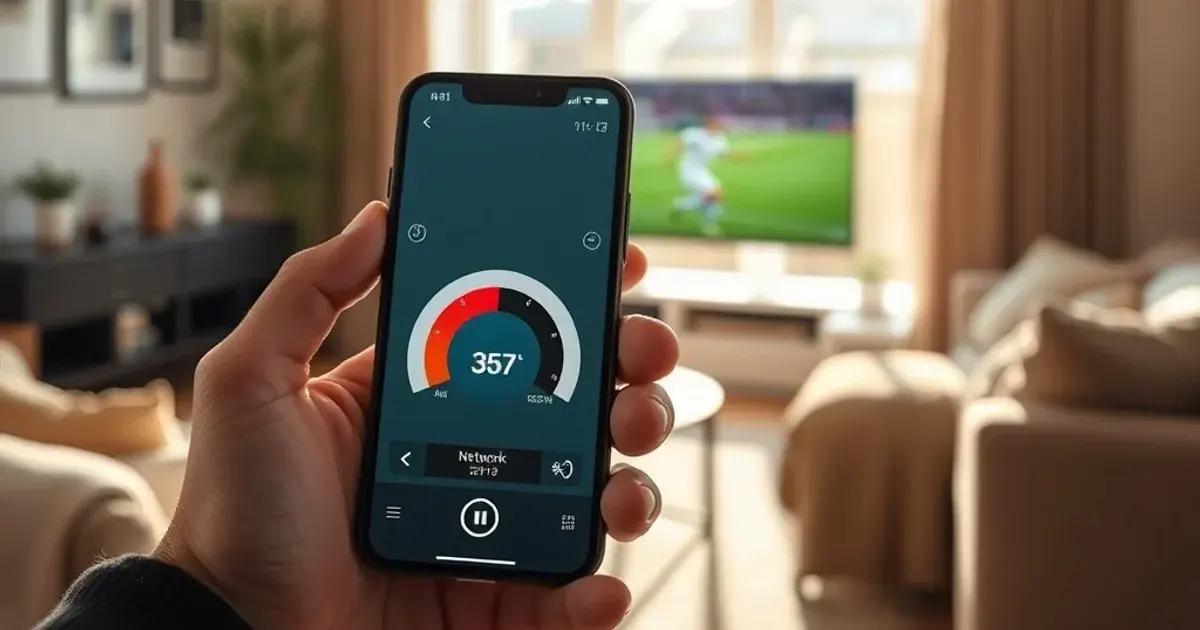 Iemand test in een lichte woonkamer overdag de internetsnelheid op zijn telefoon, terwijl op de achtergrond een voetbalwedstrijd te zien is op de smart-tv.