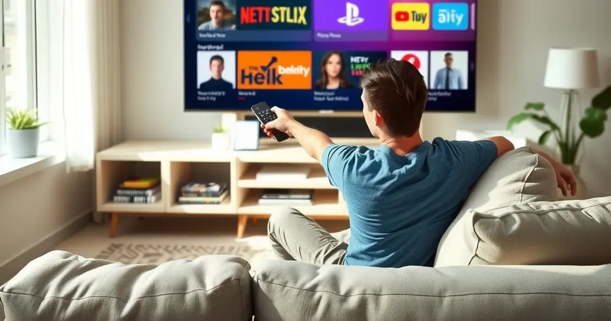 Man activeert een streaming-app op zijn smart-tv met een afstandsbediening in een lichte woonkamer