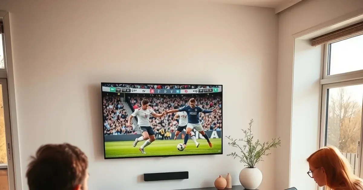 Gezin in een lichte woonkamer bekijkt voetbal op tv terwijl ze tegelijk een tablet en telefoon gebruiken om hun IPTV-apps te vergelijken