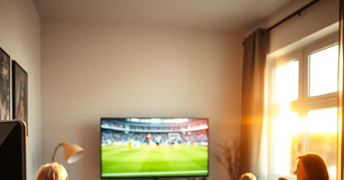 Familie kijkt ontspannen naar een voetbalwedstrijd op tv in een lichte woonkamer, met een router zichtbaar op de achtergrond