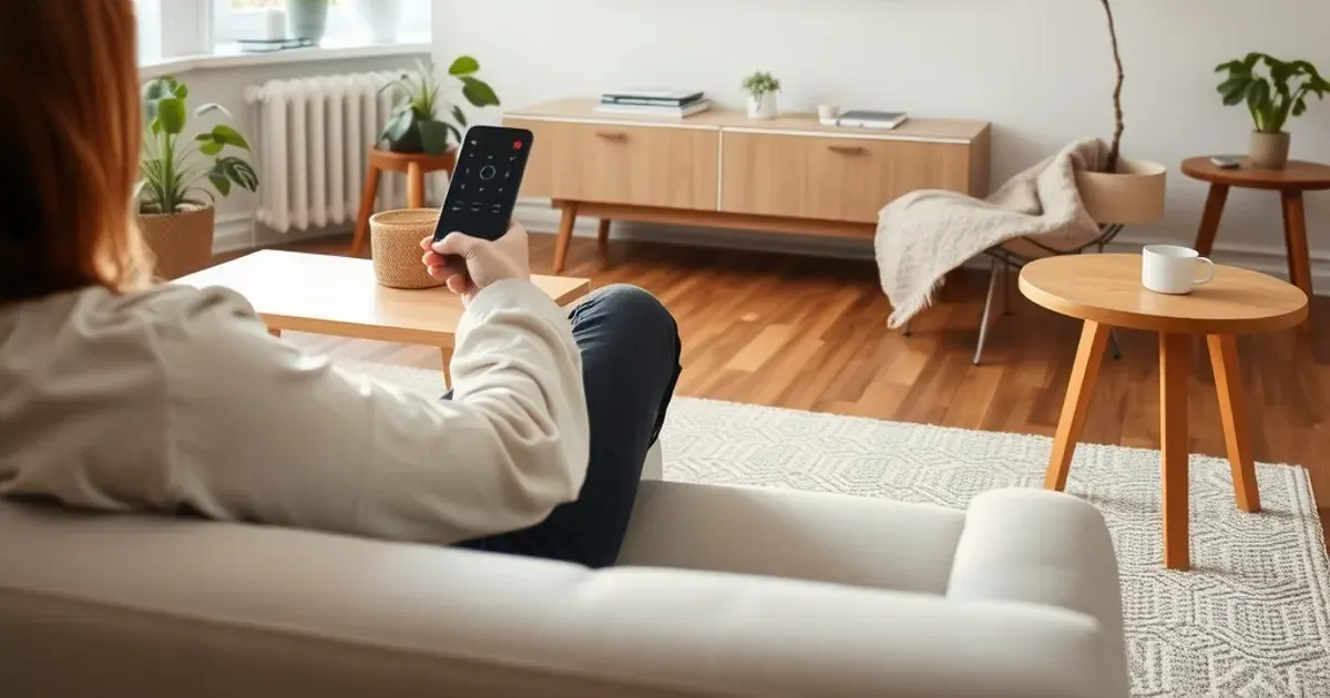 Persoon in een lichte woonkamer stelt de tv-programmagids in op een smart-tv met de afstandsbediening.