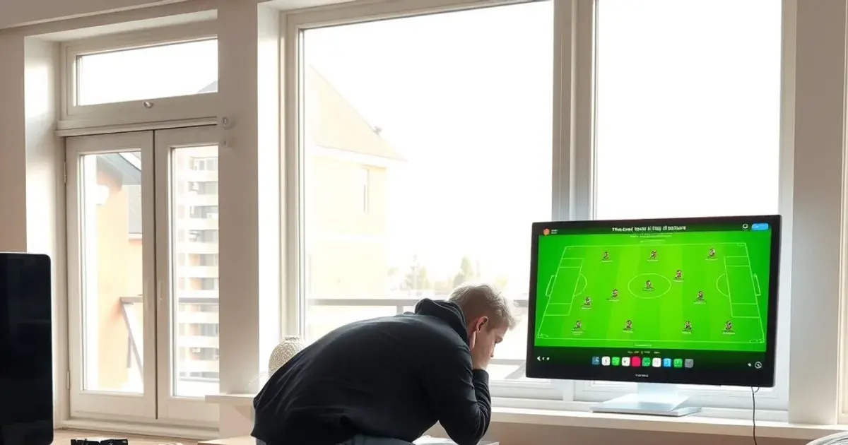 Iemand controleert in een lichte woonkamer overdag de router en streamingbox achter de tv, met een voetbalveld zichtbaar op het scherm, ter voorbereiding op de zaterdagmiddagwedstrijd.