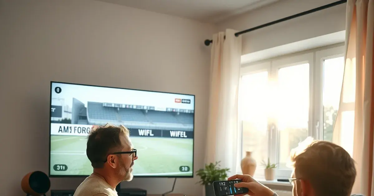 Man in een lichte woonkamer kijkt gefrustreerd naar een bevroren voetbalbeeld op tv, terwijl hij op zijn telefoon zijn wifi-verbinding controleert.