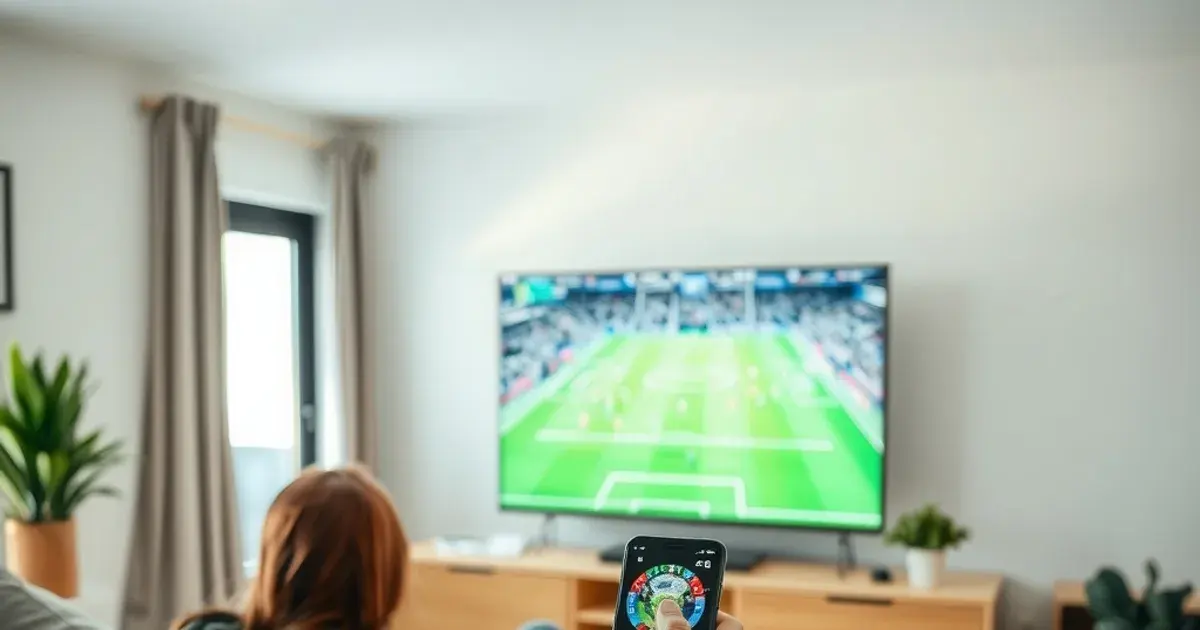 Persoon test op de bank de streamkwaliteit van een voetbalwedstrijd op de televisie in een lichte woonkamer