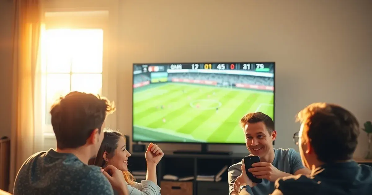 Vrienden kijken gespannen naar een voetbalwedstrijd op tv in een zonnige woonkamer, terwijl iemand net op zijn telefoon een reactie ziet verschijnen.