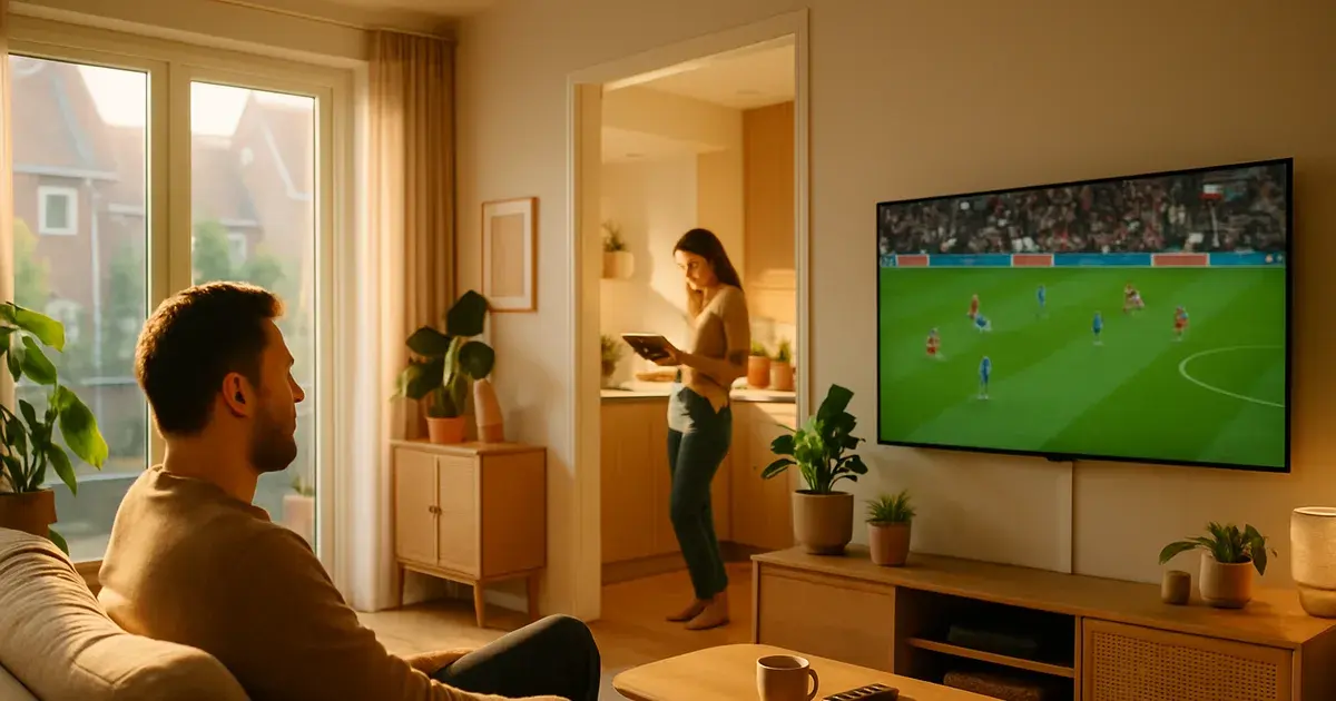 Nederlands gezin kijkt tegelijk IPTV op verschillende schermen door het huis, van woonkamer-TV tot tablet in de keuken