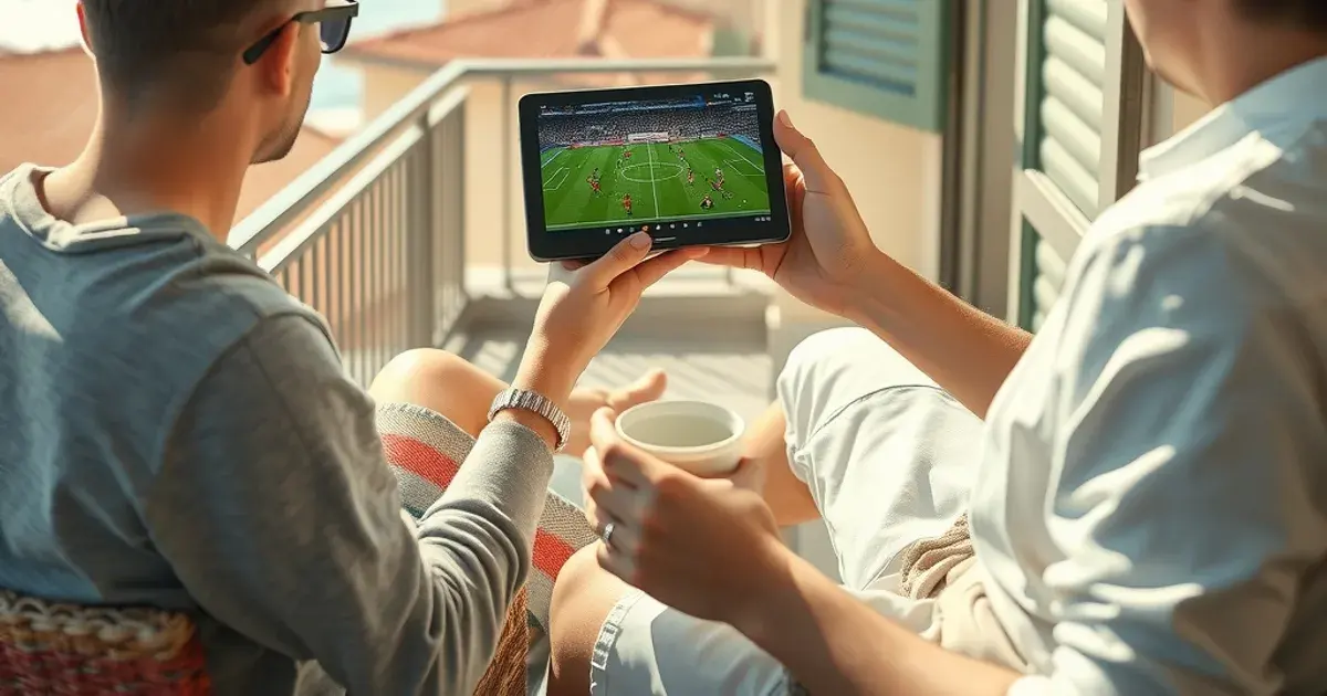 Stel kijkt ontspannen naar een voetbalwedstrijd op een tablet op het balkon van een vakantieappartement in Europa