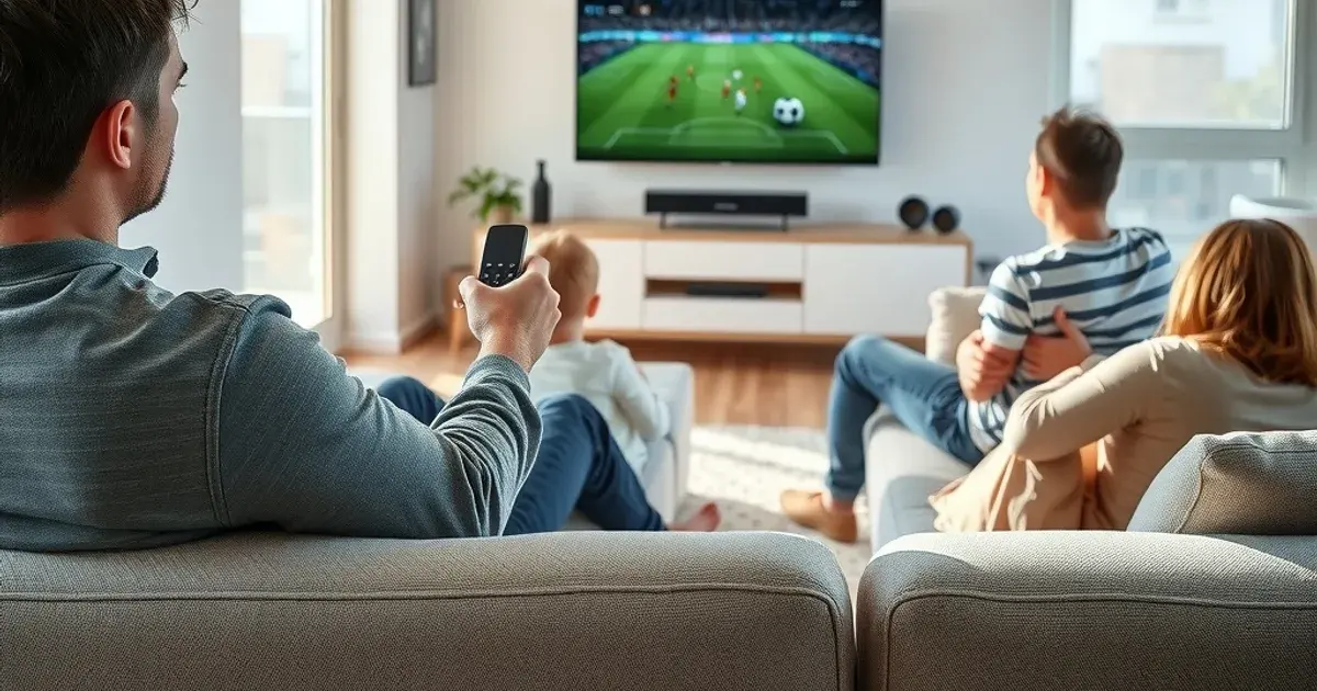 Gezin kijkt in een lichte woonkamer naar een voetbalwedstrijd op tv en gebruikt de afstandsbediening om de uitzending op te nemen