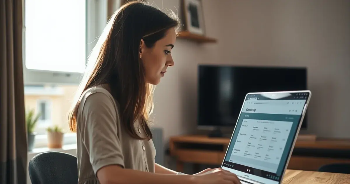 Vrouw controleert bedrijfsgegevens van een IPTV-aanbieder op haar laptop in een zonnige woonkamer