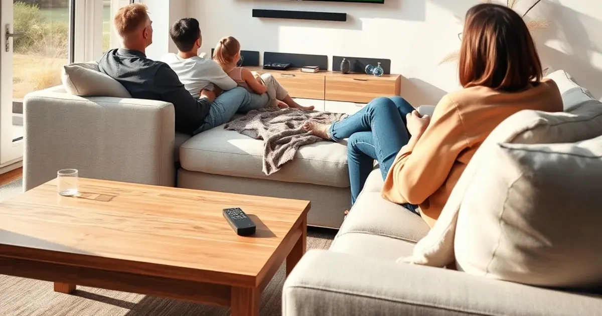 Gezin ontspannen op de bank in een lichte woonkamer terwijl ze samen naar voetbal kijken op televisie
