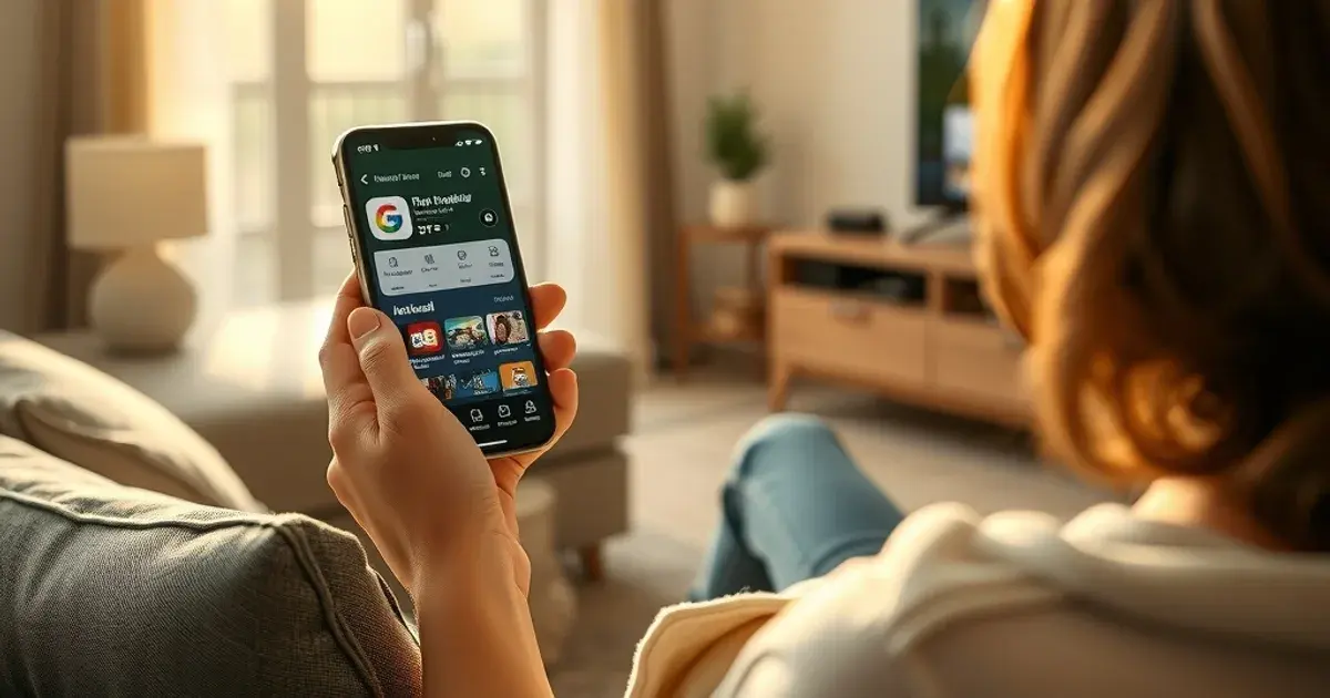 Vrouw controleert een app in de appstore op haar smartphone in een lichte woonkamer, met de tv op de achtergrond