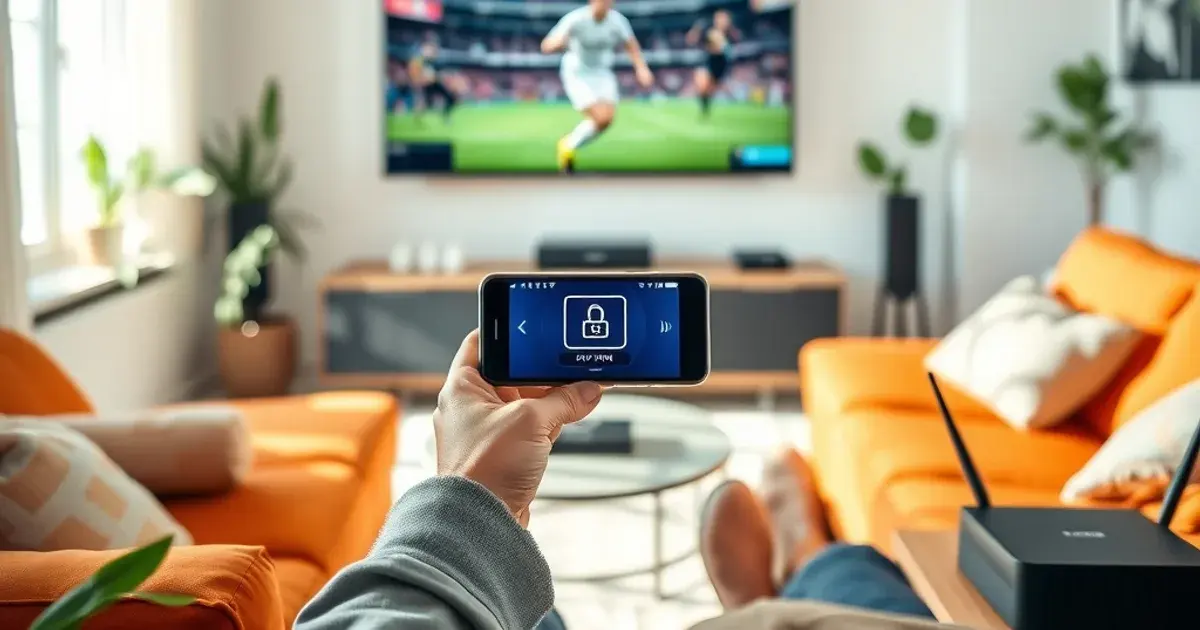 Lichte woonkamer overdag met een smart-tv die een voetbalwedstrijd toont, terwijl iemand op de bank een smartphone met een VPN-app in de hand houdt.