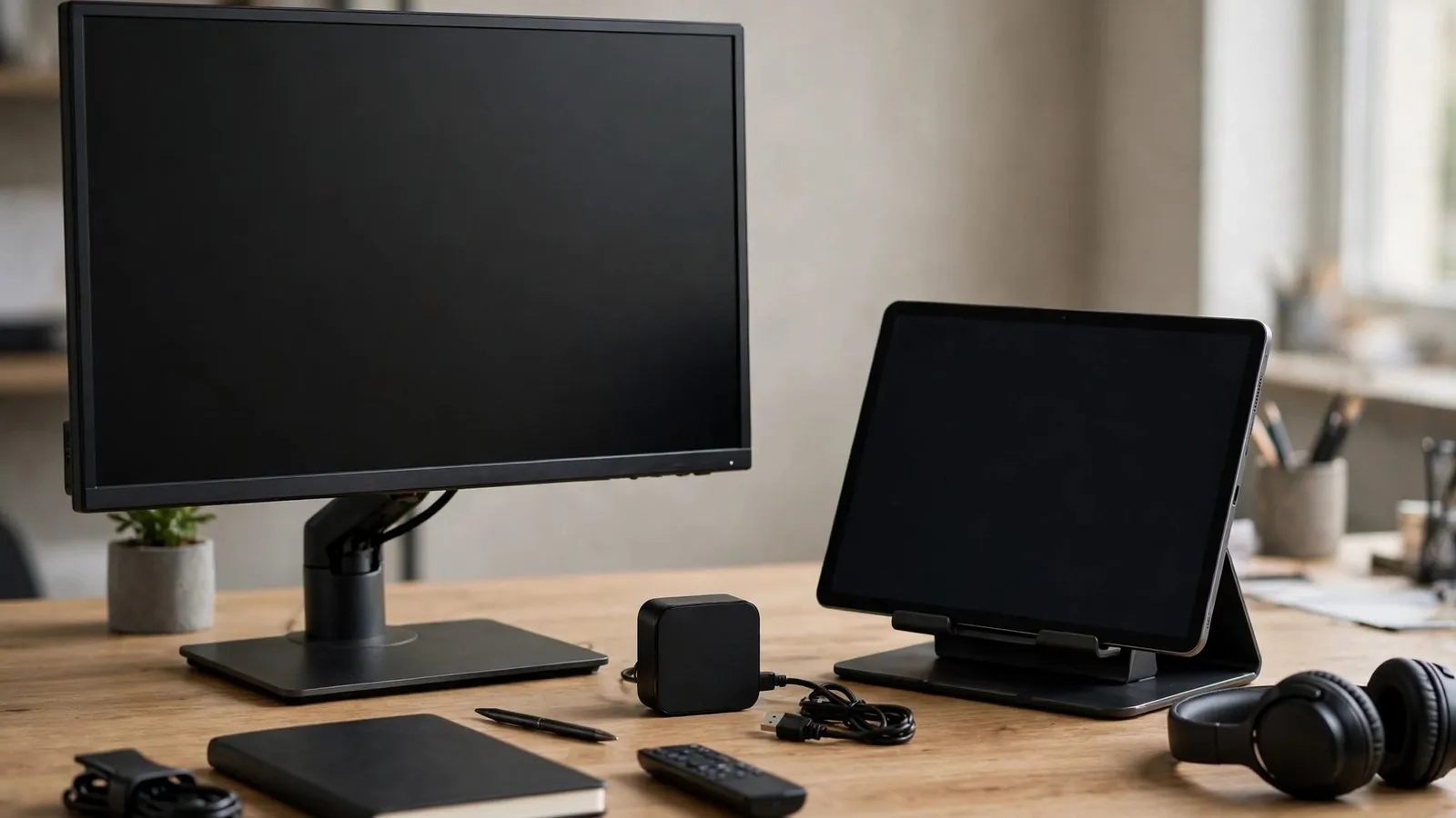 Bureau met donker beeldscherm, tablet op houder, klein zwart apparaat, koptelefoon en opgerolde kabel.